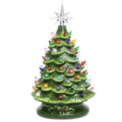 China Ceramic LED Lighted 15in Pre-lit Hand Painted Ceramic Tabletop Christmas Tree with 64 Lights for sale