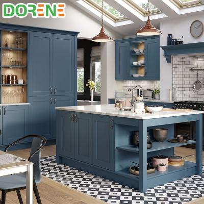 China 2021 Durable Dorene Contemporary American Style Luxury Blue Shaker Custom Solid Wood Kitchen Cabinet Designs for sale