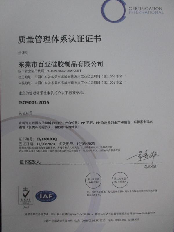 ISO9001 - Dongguan Baiya Silicone Products Co., Ltd.