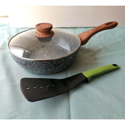 China Sustainable Pots And Pans Kitchen Forged Stone Wok With Lid Wood Handle for sale