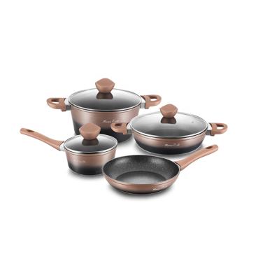 China Viable forged nonstick marble cookware set with color gradient design for sale