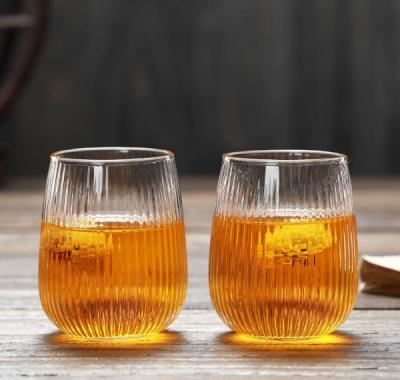 China Handmade Wholesale Optical Stripe Type Single Wall Stemless Glass Cup for sale