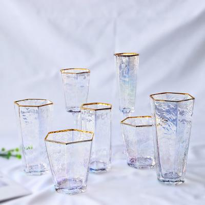 China Minimalist Net Celebrity Hexagon Glass Water Cup Champagne Goblet Hammer Pattern Juice Electroplating Mug for sale