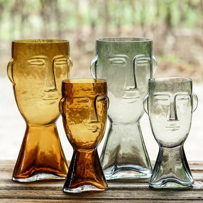 China Wholesale Eco-Friendly Ins Style Monata Flower Vase Creative Face Colored Amber Green Glass Vase For Decoration for sale