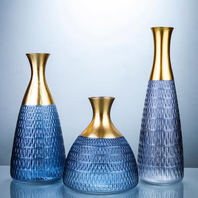 China Eco-friendly Creative Pink Blue Rim Color Bottle Flower Texture New Item Glass Vase Gold For Home Decoration for sale