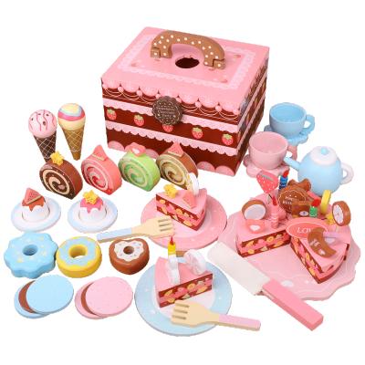 China Toy Wooden Strawberry Chocalate Party Educational Kitchen Toys Cake Portable Set for Kids Play for sale