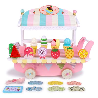 China Educational Store Toy Set Wood For Kids Toy Custom Top Bright Pretend Ice Cream Machine Scoop Cart Car Shop for sale