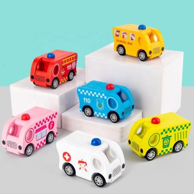 China Promotional Mini Toys Car Hygiene Vehicle Ambulance School Bus Firemotor Educational Model Toy Wooden Four Wheels Pullback for sale