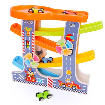 China Toy With Windmill Montessori Educational Multicolor Wooden Toys Four-Layer Slot Glider Slot Toy Design Slide Car Wooden Toy for sale