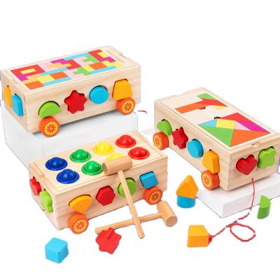 China Educational Wooden Toy Geometrical Shape Jigsaw Puzzle Pull Along Back Small Cars Toys 2021 Mini Sliding Blocks Construction Toy Gift for sale