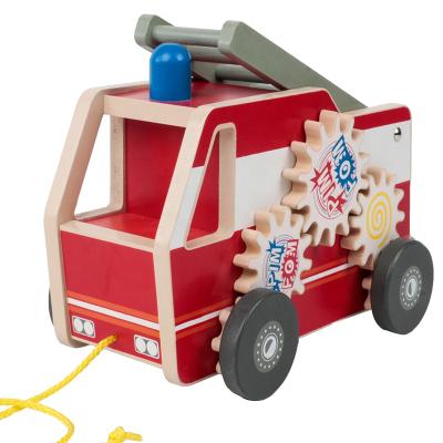 China Educational Toy Wooden Children's Toy Engineering Car Fire Truck Model Set Gift Box Baby Drag Early Education Toy Car for sale