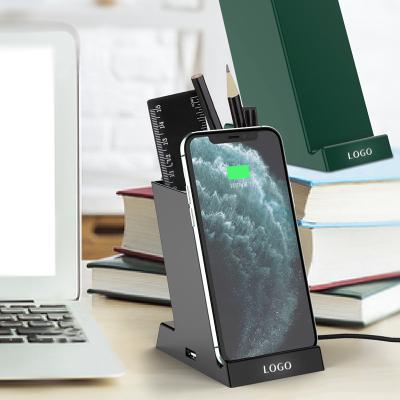 China Wireless Charger With Pen Holder Led Luminous Customized Logo 3 In 1 Wireless Charger Pencil Holder Stand Radio For Samsung for sale