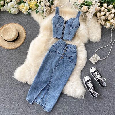 China 2022 New Fashion Women's Suit QUICK DRY Suspender High Waist Vest Blue Denim Skirt Two Piece Set for sale