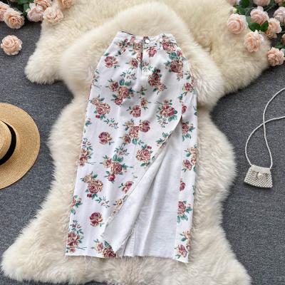 China New Waist Slit Print Breathable Denim Skirt High Medium Length Spring Wrap Soft Loose A Line Skirt for sale