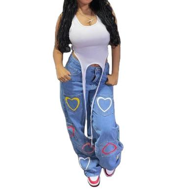 China Breathable Jeans Plus Size For Women Girl Heart Shaped Color Printed Jeans Flared Pants Womens Denim Jumpsuits 2022 for sale