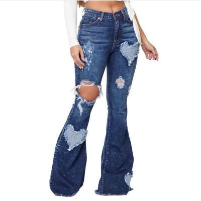 China Women's breathable stretch pierced flared jeans cargo pants lattice women quality denim female skinny pants for sale