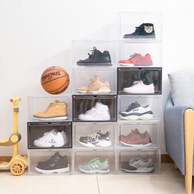 China Durable Magnetic Transparent Shoe Box Shoe Organizer Clear Stackable Shoe Dustproof Storage Box With Round Hole for sale