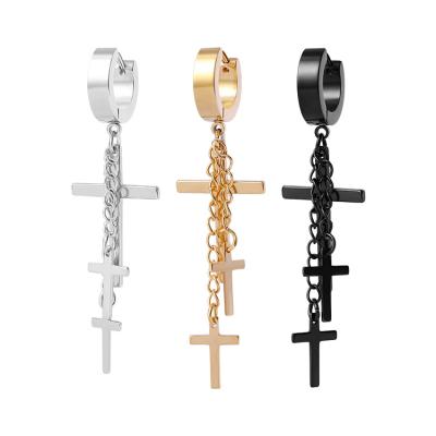 China Mens Punk TRENDY Black Plated Cross Dangle Hinged Earring Circle Stainless Steel Huggie Drop For Women Mens for sale