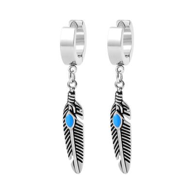 China FASHIONABLE Vintage Stainless Steel Circle Huggies Feather Dangle Piercing Earring For Women Mens for sale