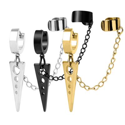 China TRENDY Punk Cool Triangle Dangle Huggie Circle Hinged Earrings Ear Cuff Stainless Steel Chain Clip On Jewelry for sale