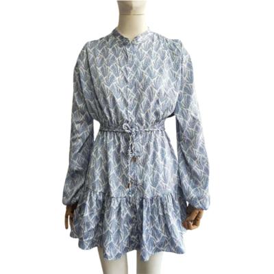 China Mini Elegant Soft Satin Fashion High Quality Long Sleeve Ruffle Anti-wrinkle Printing Bottom Women Dress for sale