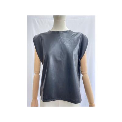 China Lady 2021 China Faux Leather Wholesale Breathable Women Blouse Pu Leather Top Sleeveless Top for sale