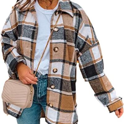 China Anti-Wrinkle Women's Autumn Color Block Plaid Flannel Shacket Jacket Button Down Shirt Coat Tops for sale