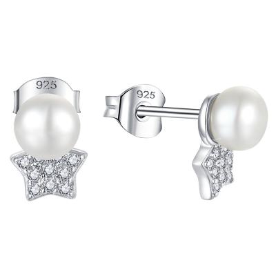 China OEM CLASSIC Fashionable Luxury Women's Luxury Rhodium Plated 925 Sterling Silver White Zirconia Star Water Freshwater Pearl Stud Earrings for sale