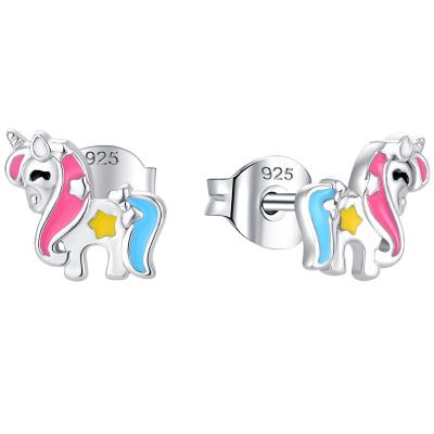 China Cute Kids Birthday Party Gift Rhodium Plated 925 Sterling Silver Emerald Stud Earrings Unicorn Funky Kids Cute Animal Earrings for sale