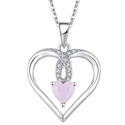 China Romantic Custom Rhodium Plated Women's 925 Sterling Silver Jewelry Making Wholesale OEM Romantic Pink Diamond Opal Heart Necklace Pendant for sale