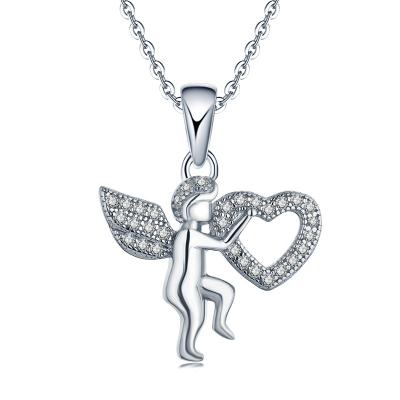 China Custom Made Iced Out CZ Diamond Trendy Romantic Lovers Rhodium Plated Women's Children 925 Sterling Silver Charm Cherub Angel Heart Pendant for sale