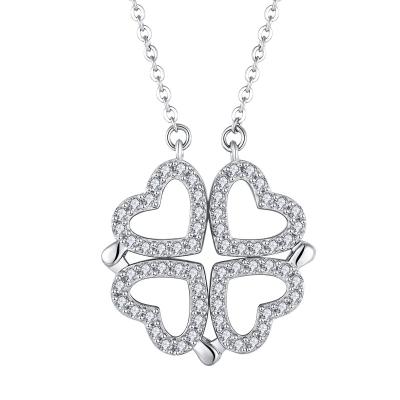 China Wholesale Custom Romantic Rhodium Plated Magnetic Necklaces OEM Charm 925 Sterling Silver Dainty Couple Four Leaf Necklace Heart for sale