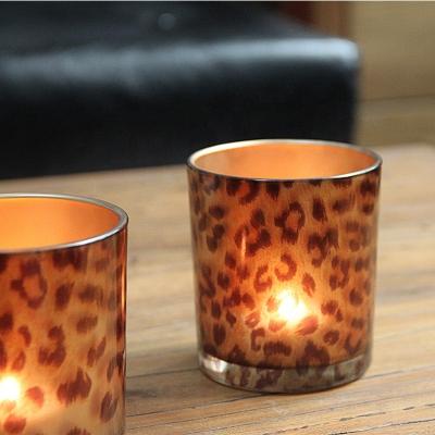 China Creative European Statistical Institute Leopard Retro Printing Candle Candle Holder Empty Creative Cylindrical Romantic Glass Tea Wax Cup for sale