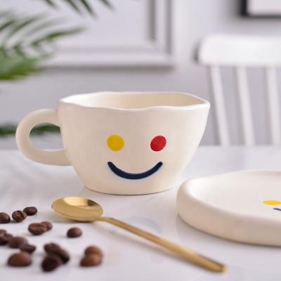 China Viable Girls Series Irregular Smiley Cute Ceramic Breakfast Milk Cups and Saucers for sale