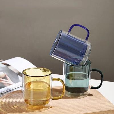 China KOREAN American INS color double-layer single household with handle cylindrical glass cup big belly water cup for sale