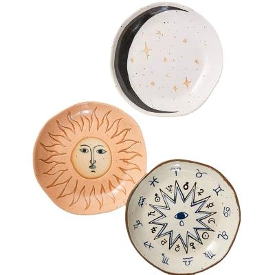 China Retro Home Viable Sun Face Plate Stoneware Moon Stasis Decoration Necklace Ring Storage Dish for sale