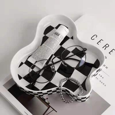 China Art Decor Irregular Checkerboard Jewelry Storage Black and White Medieval Ceramic Porch Shelf Aromatherapy Desk Ornaments for sale