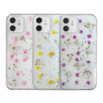 China Fashionable Shockproof Epoxy Resin Pressed Floral Tpu Mobile Phone Case Clear Soft Back Cover Case For iphone 12 11 pro 7 8 xs xs for sale