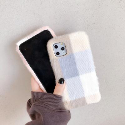 China Lovely Girls Shockproof Winter Plush Fabric TPU Plaid Protective Phone Cover Case For iPhone 11 12 13 pro 7 8 xs max xr xs for sale