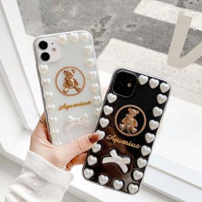 China Cute 3D Cartoon Bear Heart Clear Soft Shockproof TPU Pearl Stick On Shockproof Phone Cases For Iphone6 ​​7 8plus 11 12 pro max for sale