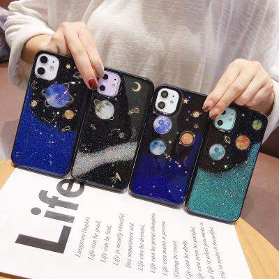 China Popular Black Epoxy Shockproof Anti-fall Mobile Phone Glitter Design Planet Space Fashion Cover Device For iPhone for sale