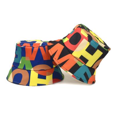 China Fasion Hats 100% Polyester Printing Letter Colorful Hip Pop Bucket Logo Outside Cotton Sun Bucket Hat for sale