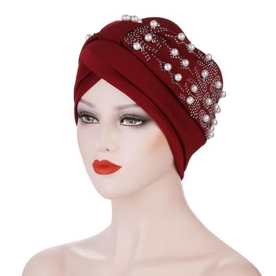 China 2021 New Four Seasons Space Cotton Turban Hat, Ladies Diamond Nail Pearl Toe Hat Warm Turbans for sale