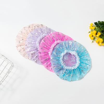 China Stored Premium Reusable Elastic Waterproof EVA Shower Cap Ladies Lace Up Elastic Band Shower Cap Cheap Women for sale