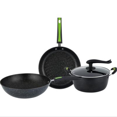 China Sustainable STOCK Granite Coating Cast Iron Pan Set Cooking Pots And Pans Set Stove Kitchenware Non Stick Induction 3pcs Cookware Sets for sale