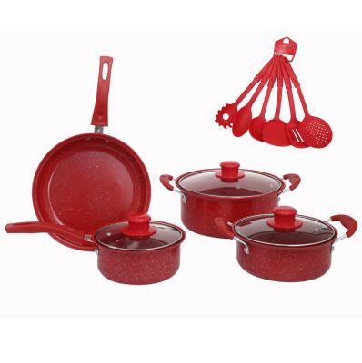 China Viable Cheap Promotion Purple Red Gifts Customized Plastic Kitchen Accessories Frying Pan Sauce Milk Pot Non Stick 13pcs Cookware Sets for sale