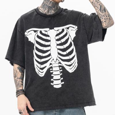 China Anti-wrinkle Custom Streetwear Hip Hop Distressed Washed Tees Oversized Round Neck Heavyweight Cotton Skeleton Print Acid Wash T-shirts for sale