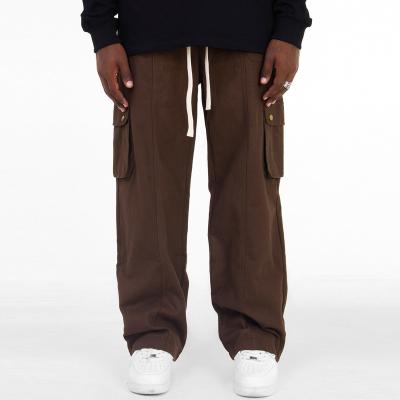 China Anti-wrinkle OEM Streetwear Baggy Cargo Trousers WIth Side Pocket Custom High Quality Jogger Outdoor Plain Brown Drawstring Cargo Pants for sale