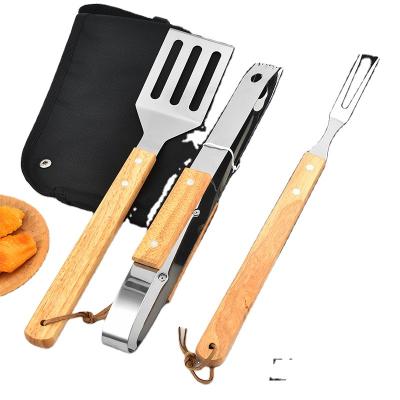 China Factory Wholesale Easily Cleaned Outdoor Portable BBQ Grill Accessories GRILL 3pcs Stainless Steel Wooden Handle Tool Kit With Apron for sale