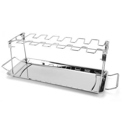 China Easily Cleaned In Stock Vertical Stainless Steel Rotisserie Rack With Drip Pan 14 Slots Chicken Leg Wing Rack For BBQ Grill Smoker Or Oven for sale